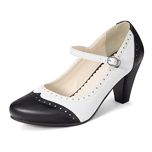 elerhythm Damen Two Tone Mary Jane Classic und Retro 1920er Jahre Pump Heels Gatsby Oxford Muster 1950er Vintage Runde geschlossene Zehe Knöchelriemen Kleid Schuhe (Schwarz/Weiß EU38) von elerhythm