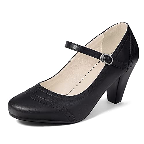 elerhythm Damen Two Tone Mary Jane Classic und Retro 1920er Jahre Pump Heels Gatsby Oxford Muster 1950er Vintage Runde geschlossene Zehe Knöchelriemen Kleid Schuhe (Schwarz EU41) von elerhythm