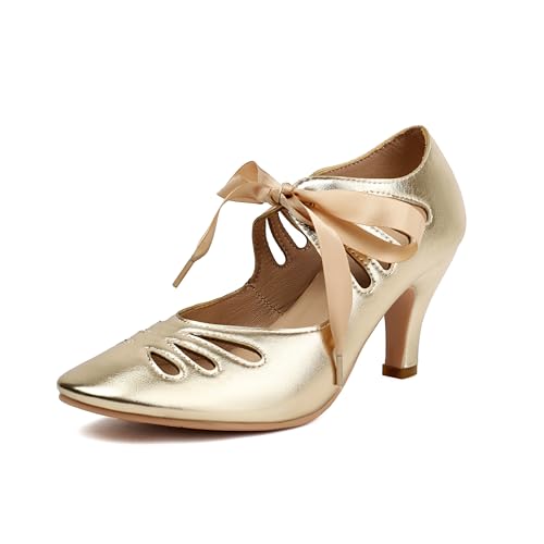 elerhythm Frauen Mary Jane Lace Up Teardrop Cut Out Close Runde Zehe Vintage 1950er Jahre Gatsby Heels Retro 1920er Jahre viktorianische Pumps Schuhe (Gold EU38) von elerhythm