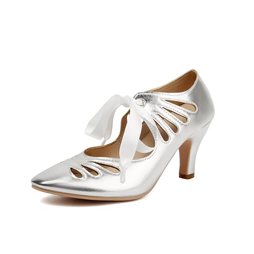 elerhythm Frauen Mary Jane Lace Up Teardrop Cut Out Close Runde Zehe Vintage 1950er Jahre Gatsby Heels Retro 1920er Jahre viktorianische Pumps Schuhe (Silver EU41) von elerhythm