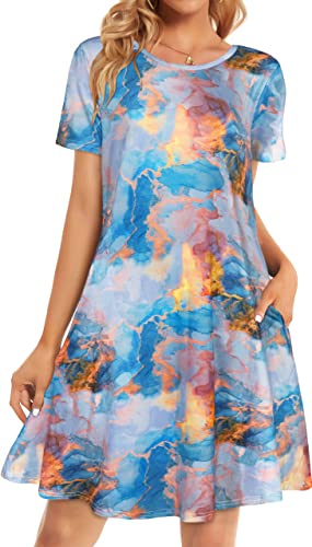 Damen Sommerkleider Strand Casual T-Shirt Übergröße Blumen Kurzarm Lose Flowy Sommerkleider, Blau / Violett mit Batikfärbung., 3X-Groß von elescat