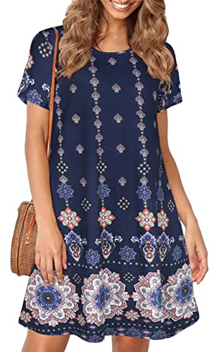 Damen Sommerkleider Strand Casual T-Shirt Übergröße Blumen Kurzarm Lose Flowy Sommerkleider, Dunkelblauer Boho, XX-Large von elescat