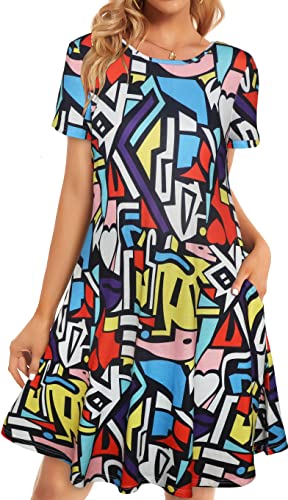 Damen Sommerkleider Strand Casual T-Shirt Übergröße Blumen Kurzarm Lose Flowy Sommerkleider, Farbiges Rechteck, Mittel von elescat