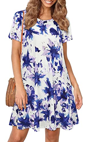 Damen Sommerkleider Strand Casual T-Shirt Übergröße Blumen Kurzarm Lose Flowy Sommerkleider, Lila weiße Blume, 3X-Groß von elescat