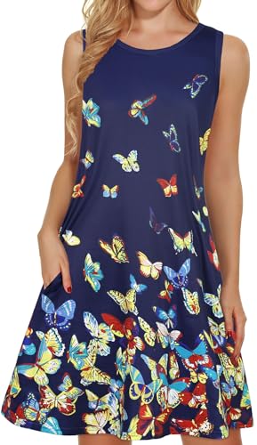 Sommerkleider für Damen, Strandkleid, Blumenmuster, Sommerkleid, ärmellos, Taschen, lässig, lockeres Tankkleid, Bunte Schmetterlinge, X-Groß von elescat