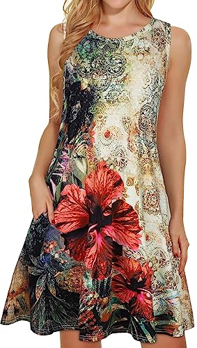 Sommerkleider für Damen, Strandkleid, Blumenmuster, Sommerkleid, ärmellos, Taschen, lässig, lockeres Tankkleid, Große rote Blumen, Mittel von elescat