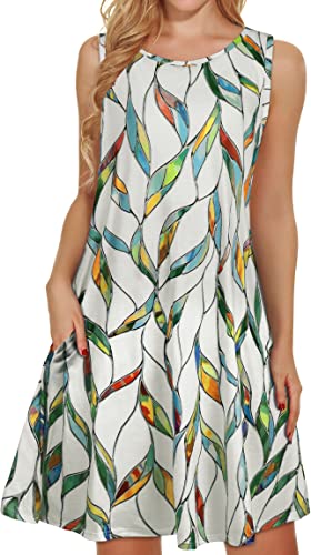 Sommerkleider für Damen, Strandkleid, Blumenmuster, Sommerkleid, ärmellos, Taschen, lässig, lockeres Tankkleid, Weiße Blattstreifen, XX-Large von elescat