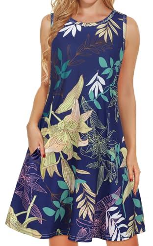 Sommerkleider für Damen, Strandkleid, Blumenmuster, ärmellos, Taschen, lässig, lockeres Tankkleid, Blaues Blatt, 3X-Groß von elescat