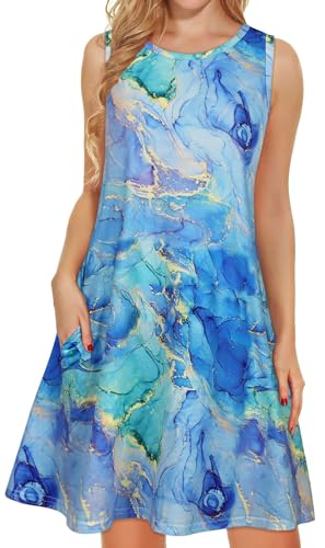 Sommerkleider für Damen, Strandkleid, Blumenmuster, ärmellos, mit Taschen, lässig, locker, Blaue Krawatte, Groß von elescat