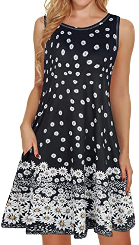 Sommerkleider für Frauen Strand Blumen T-Shirt Sommerkleid Ärmellos Taschen Casual Lose Tank Kleid, Schwarz (Gänseblümchen), Groß von elescat