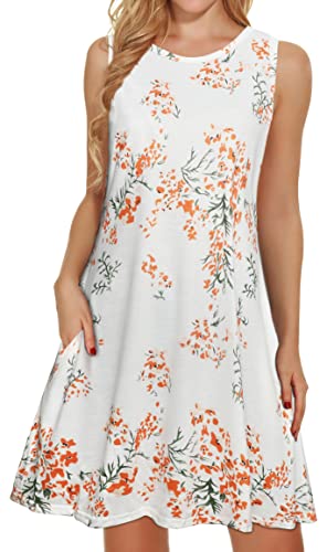 Sommerkleider für Frauen Strand Blumen T-Shirt Sommerkleid Ärmellos Taschen Casual Lose Tank Kleid, Weiß / Orange mit Blumenmuster, Mittel von elescat