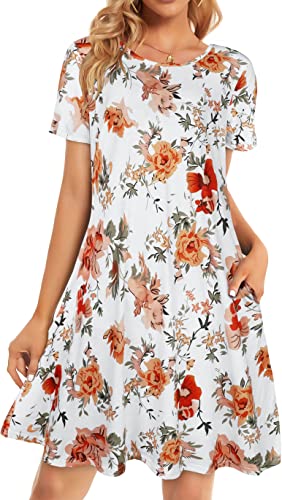 elescat Damen Sommerkleid T-Shirt Strand Sommerkleid Casual Übergröße Flowy Swing Kurzarm Lose Tunika, Weiß / Orange mit Blumenmuster, XX-Large von elescat