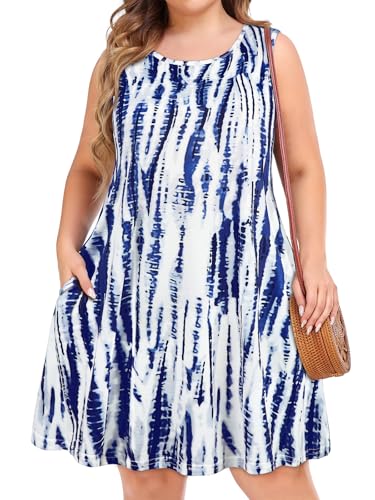 elescat Plus Size Sommerkleider für Frauen Ärmellos Taschen Strand T-Shirt Tank Sommerkleid, Blau Boho Tie Dye, 4X-Groß von elescat