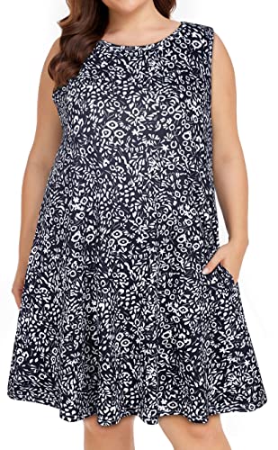 elescat Plus Size Sommerkleider für Frauen Ärmellos Taschen Strand T-Shirt Tank Sommerkleid, Schwarze Blume, 4X-Groß von elescat