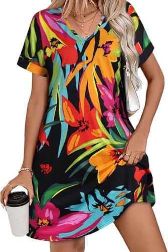 elescat Sommerkleider für Damen, V-Ausschnitt, kurze Ärmel, fließendes T-Shirt-Kleid, lässig, lockeres Sommerkleid mit Taschen, Bunte Blätter, 3X-Groß elescat Sommerkleider für Damen, V-Ausschnitt, kurze Ärmel, fließendes T-Shirt-Kleid, lässig, lockeres Sommerkleid mit Taschen, Bunte Blätter, 3X-Groß von elescat