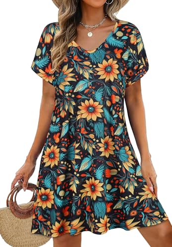 elescat Sommerkleider für Damen, V-Ausschnitt, kurze Ärmel, fließendes T-Shirt-Kleid, lässig, lockeres Sommerkleid mit Taschen, Schwarz / Sonnenblume, 3X-Groß von elescat