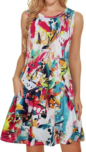 elescat Sommerkleider für Damen 2024, lässig, Strand, ärmellos, Blumendruck, Tanktop, lockeres Sommerkleid mit Tasche, Buntes Batik, Mittel elescat Sommerkleider für Damen 2024, lässig, Strand, ärmellos, Blumendruck, Tanktop, lockeres Sommerkleid mit Tasche, Buntes Batik, Mittel von elescat