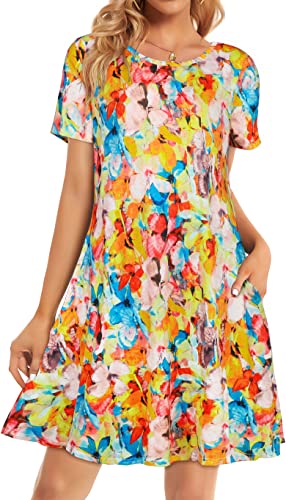 elescat Sommerkleider für Frauen, lässig, kurzärmelig, Cocktail, locker, Sonnenkleid, Strandvertuschung mit Taschen (bunte Schmetterlinge, L), Bunte Schmetterlinge, Groß von elescat