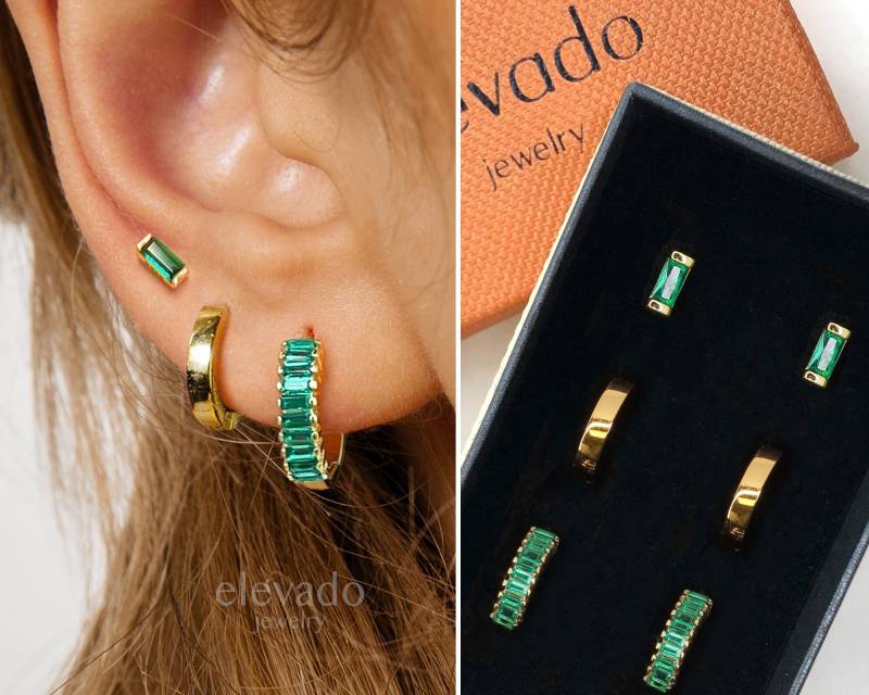 Smaragd Baguette Gepflasterte Edelstein-Ohrring Geschenk-Set Huggie Hoop Ohrringe Ohrring Set Geschenk Bereit Für Sie Mutter von elevado