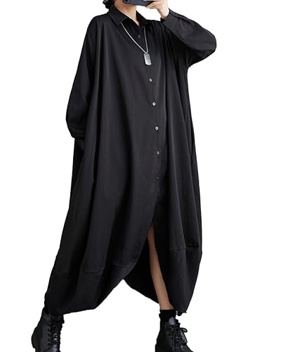 Damen Hemdkleid, langärmelig, Revers, Knopfleiste, einfarbig, unregelmäßiger Saum, lockerer GZ318, Schwarz, S/XL von ellazhu