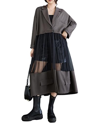 Damen Hemdkleid Langarm Geknöpft Tüll Durchsichtig Solid Patchwork Lose GZ304, GRAU, S/XL von ellazhu