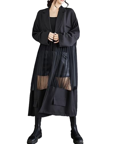 Damen Hemdkleid Langarm Geknöpft Tüll Durchsichtig Solid Patchwork Lose GZ304, Schwarz, S/XL von ellazhu