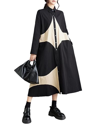 Damen Hemdkleid Reverskragen Knopfleiste Langarm Unterhalb des Knies Lose Oversize GZ291, Schwarz, S/XL von ellazhu