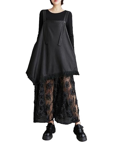 Damen Weste Kleid Tank Schwarz Patchwork Tüll Durchsichtig Geknöpft Lose Oversize GZ297A, Schwarz, S/XL von ellazhu