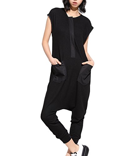 ellazhu Damen Einfarbiger Haremshosen Jumpsuit Overalls mit Tasche für den Sommer GY867 Schwarz von ellazhu