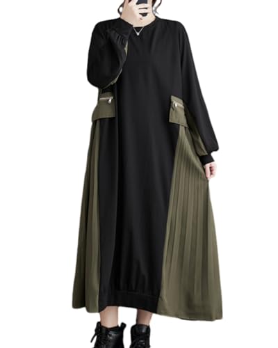 ellazhu Damen Baggy Patchwork Farbe Cargo Style Rundhalsausschnitt Kleid Plissiertem Saum GZ30 Schwarz Grün von ellazhu