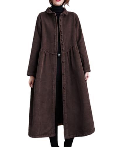 ellazhu Damen Baggy Revers Solider Verdickter Knopfleiste Cordmantel GZ53 Braun von ellazhu