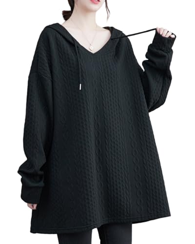 ellazhu Damen Baggy Solider Kordelzug Langarm Pullover Twist Kapuzenoberteile GZ48 Schwarz von ellazhu