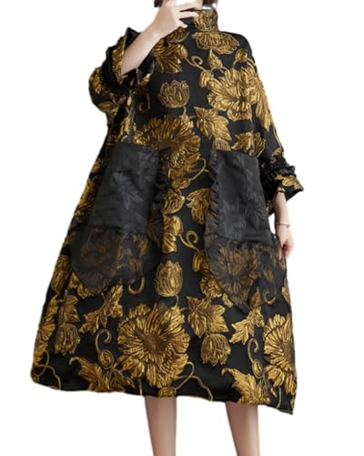 ellazhu Damen Bedrucktes Patchwork Mock Neck Ausgestellte Manschetten Kleid GZ94 Schwarz Gelb von ellazhu