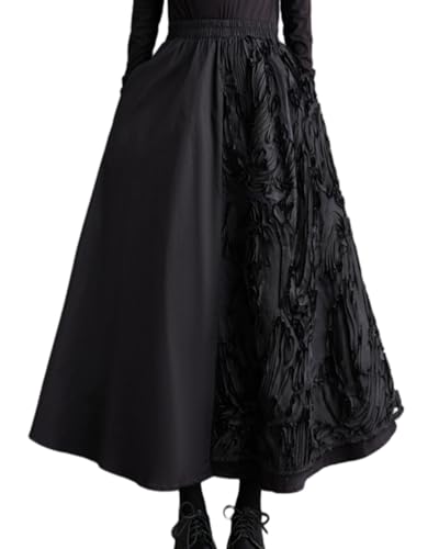 ellazhu Damen Beliebte Patchwork Solide Elastische Taille 3D Blumenskirt GZ22 Schwarz von ellazhu
