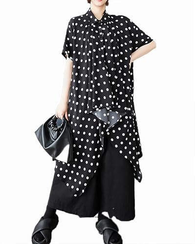 ellazhu Damen Bluse Revers Durchgeknöpft Tasche Einfarbig Kurzarm Vokuhila-Saum Lässig Locker Maxi GZ448 Gepunktet von ellazhu