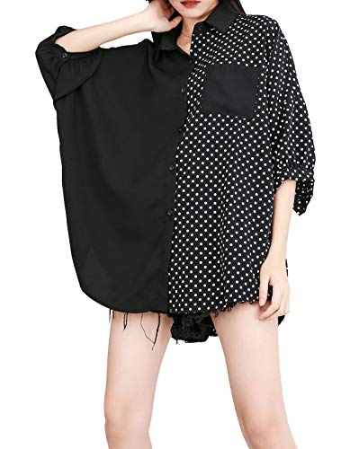 ellazhu Damen Bluse mit Mittellangen Ärmeln, Button-Down-Schnitt und Patchwork-Taschen Hemdkleider GY1896 Schwarz von ellazhu