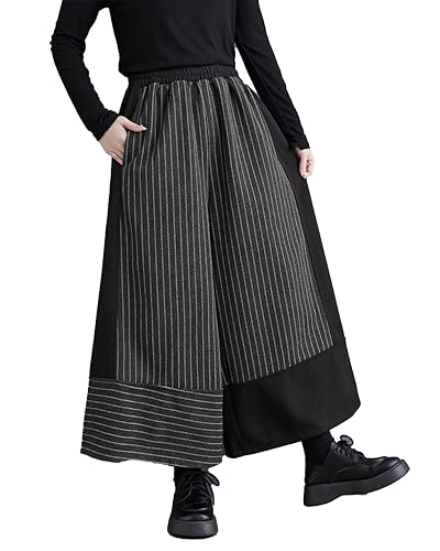 ellazhu Damen Elastischer Bund Weite Bein Streifen und einfarbige Patchwork Haremshose GZ141 von ellazhu