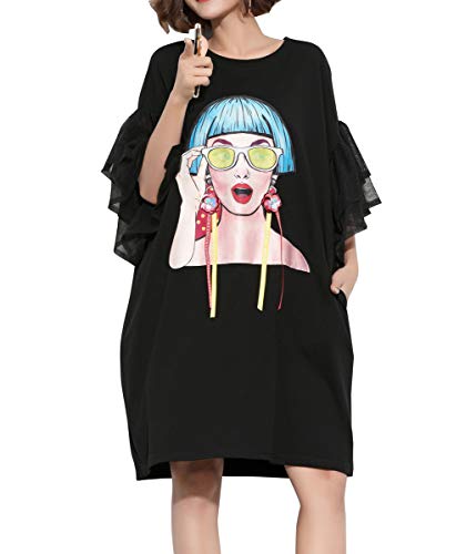 ellazhu Damen Fashion T-Shirt-Kleid im Casual-Stil mit Lotus-Ärmel-Print und lässigem Sitz im Sommer GA1360 von ellazhu