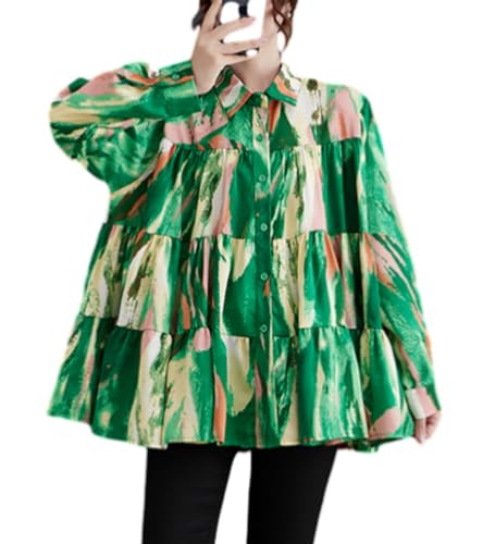 ellazhu Damen Freizeit Tinte Drucken Hemden, Knopf Langarm Festliche Oberteile GZ01 Grün von ellazhu