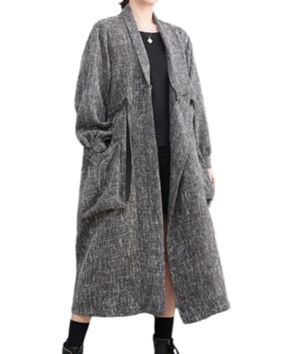 ellazhu Damen Funky Binden Tunika Trenchcoat mit Fronttaschen GZ66 Grau von ellazhu