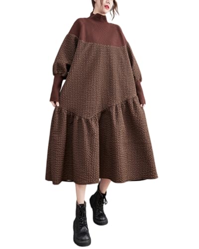 ellazhu Damen Gestrickt Rollkragen Patchwork Pullover Rüschen Saum Kleid für Weihnachten GZ05 Braun von ellazhu