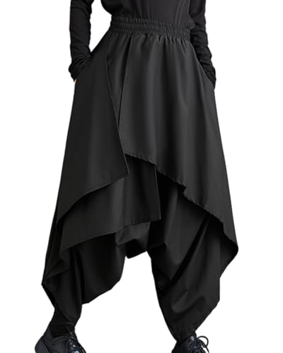 ellazhu Damen Harem Rock Hose Tiefem Schritt Elastischer Taille Weite Hose unregelmäßigem Saum GZ29 Schwarz von ellazhu