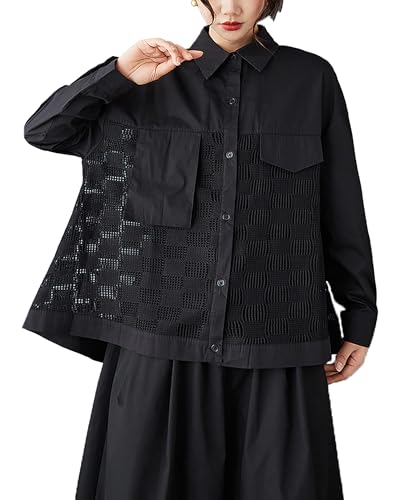 ellazhu Damen Hemd Button Down Revers Langarm Patchwork Hohl Hoher Niedriger Saum Lose Oversize GZ324, Schwarz, S/XL von ellazhu