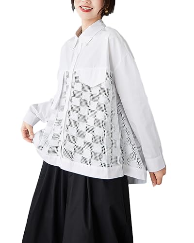 ellazhu Damen Hemd Button Down Revers Langarm Patchwork Hohl Hoher Niedriger Saum Lose Oversize GZ324, Weiss/opulenter Garten, S/XL von ellazhu