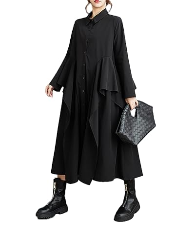 ellazhu Damen Hemdkleid, Revers, Knopfleiste, langärmelig, mittellang, fließender Saum, einfarbig, locker, GZ332, Schwarz, S/XL von ellazhu