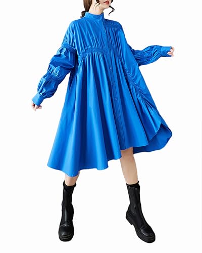 ellazhu Damen Hemdkleid Einfarbig Durchgeknöpft Langarm Stehkragen Asymmetrischer Saum Lässig Locker GZ444 Blau von ellazhu