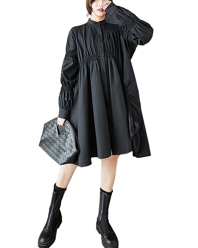 ellazhu Damen Hemdkleid Einfarbig Durchgeknöpft Langarm Stehkragen Asymmetrischer Saum Lässig Locker GZ444 Schwarz von ellazhu