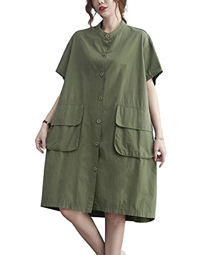 ellazhu Damen Hemdkleid GA2401, lockerer Schnitt, kurze Ärmel, Knopf, V-Ausschnitt, Grün , S/L von ellazhu