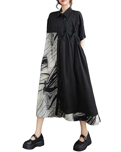 ellazhu Damen Hemdkleid Knopfleiste Kurzarm Revers Patchwork Locker Oversize Sommer Asymmetrischer Saum GZ226 von ellazhu