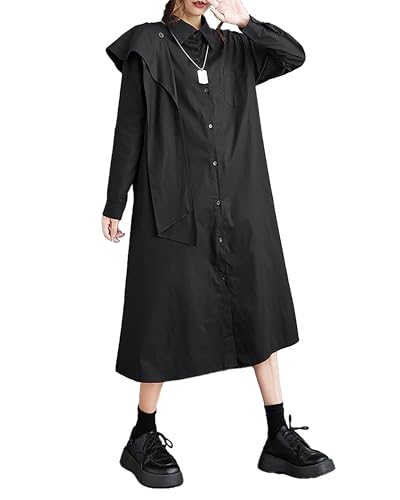 ellazhu Damen Hemdkleid Knopfleiste Revers Einfarbig Schwarz Langarm Tasche Locker Oversize GZ254 von ellazhu